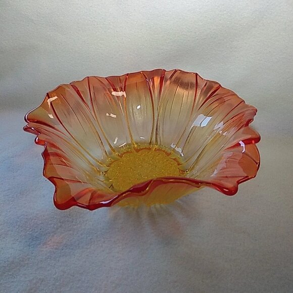 Vintage Mikasa Sunflower Tangerine Amber 13 1/2" Ruffled Bowl Iridescent Germany - Picture 8 of 9